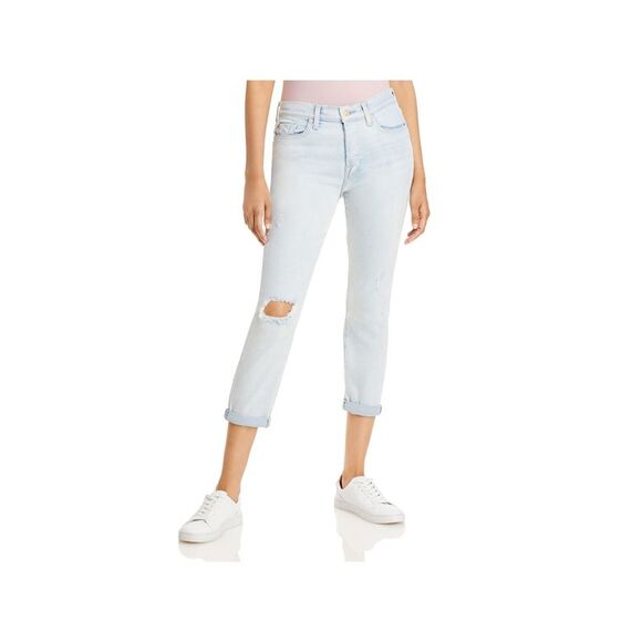 7 FOR ALL MANKIND Denim - 7 FOR ALL MANKIND Womens Blue Stretch Zippered Slim Destroyed Boyfriend Jeans 28